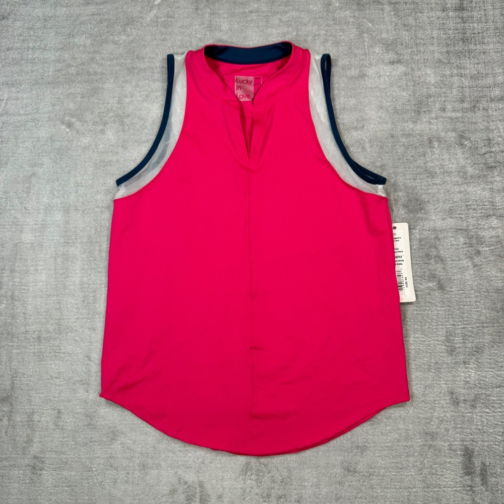 Lucky in Love Shirt Women XS Pink V Neck Mesh Trim Tennis Vaportex Tank Top